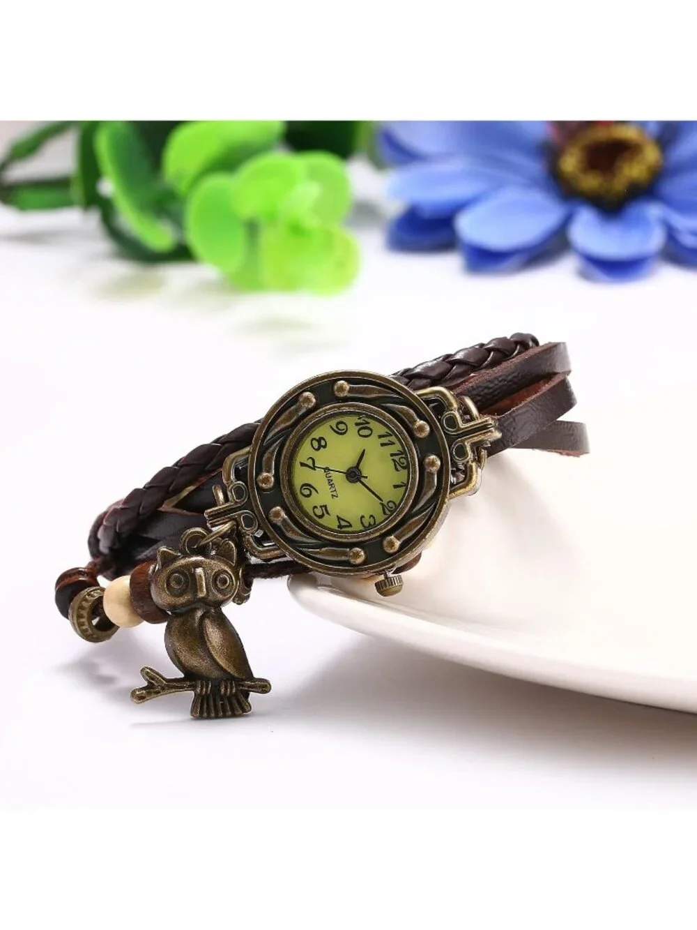 Women's Brown Analog Quartz Owl Bracelet Weave Wrap Around Leather Wrist Watch